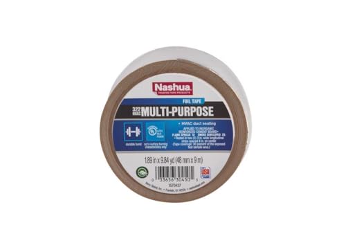 Nashua 322 HVAC Multipurpose Foil Tape, 3.2mil Thick, UV & Moisture Resistant, UL 723 Classified for HVAC Ducts, Insulation Seaming, Automotive Repairs - 48mm x 9m
