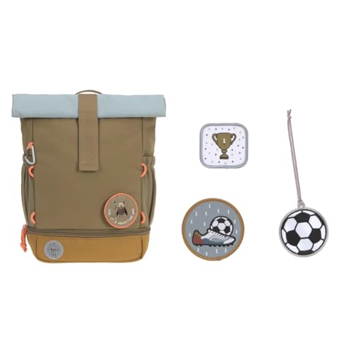 LÄSSIG Kindergartenrucksack Kinderrucksack Rolltop mit Brustgurt wasserabweisend & Anhänger und Patches Set (3 STK.) mit Druckknopf/School Patches Set Football