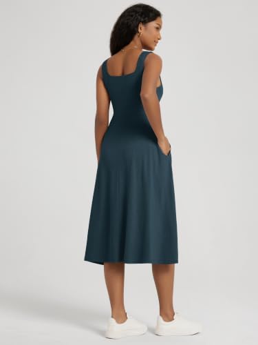 Image of ODODOS Square Neck Midi Dress with Pockets for Women Summer Casual Sleeveless Sundress Flare Tank Dress