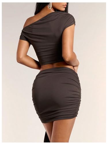 WDIRARA Women's 2 Piece Outfits One Shoulder Top and Ruched Bodycon Mini Skirt Set Asymmetrical Clubwear2