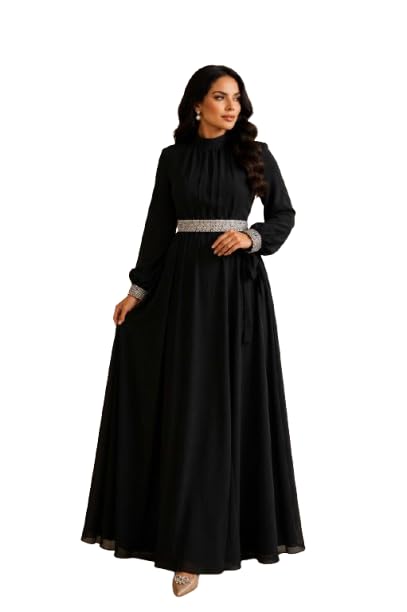Black Georgette Fabric with Crepe Lining for No Transparency Umbrella Pattern Gown Balloon Sleeve Pattern Back Zip Opening with Belt-image-16