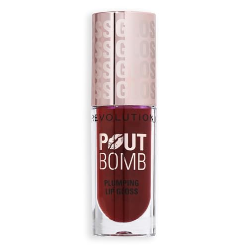 Image of Makeup Revolution Pout Bomb Plumping Gloss - Jelly Berry Mauve | 3-in-1 Lip Plumper + Gloss + Treatment | With Hyaluronic Acid, Vitamin E & Peppermint | Glass-Like Shine, Non-Sticky Finish | 100% Vegan & Cruelty-Free | 4.6ml