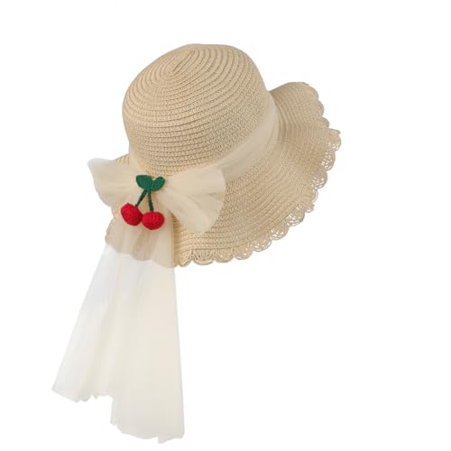 Girls Sweet Cherry Lace Bowknot Sun Hat Summer Sunblock Straw Hat Wide Brim Floppy Outdoor Beach Sun Protection Hat2