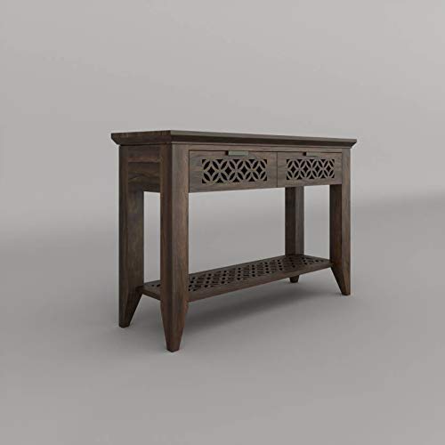 Image of Solid Sheesham Wood Console Table for Living Room | Entryway Hallway Sofa & Fish Tank Table with 2 Drawers & Shelf Storage | Wooden Side Furniture | Warm Chestnut Finish