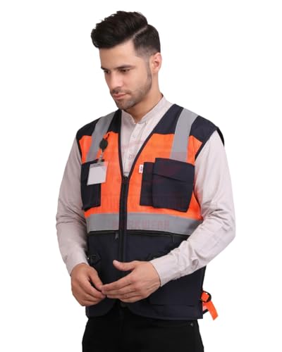 Image of CLUB TWENTY ONE Polyester and Mesh Reflective Jacket, Vest with High Visibility Strips or Tape, Safety Workwear Vest for Men (Orange & Navy Blue, Size - Small)