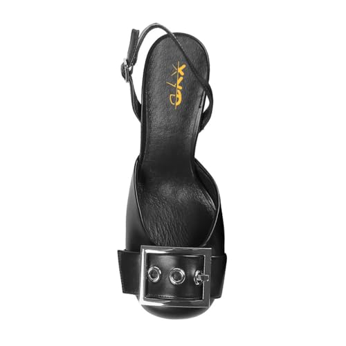 XYD Women Chic Round Closed Toe Slingback Pumps Metal Circle High Heels with Oversized Buckle Party Event Shoes2