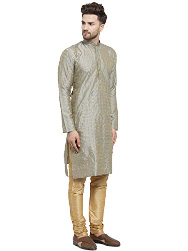 Image of SOJANYA (Since 1958 Men's Silk Blend Grey Checked Kurta & Gold Churidar Pyjama Set Size 38