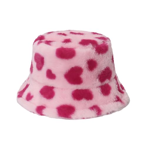 Winter Warm Plush Fuzzy Bucket Hat Faux Fur Shearling Fisherman Hats for Women Heart Print Fashion Casual Hats Pink