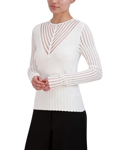 Image of BCBGMAXAZRIA Women's Pullover Crew Neck Sheer Stripe Plunge V Sweater Top