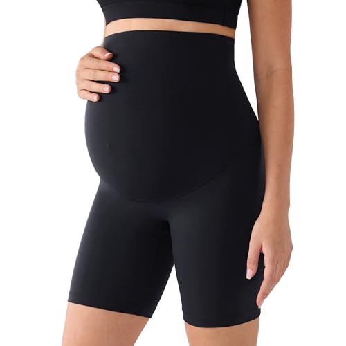 MOMANDA No Front Seam Maternity Biker Yoga Shorts Over The Belly Summer Stretchy Pregnancy Active Short Pants Workout 6 Black Medium