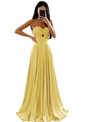 Satin Prom Dress Long with Pleats Strapless Zipper Back A Line Women's Formal Evening Dresses