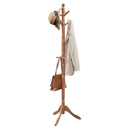 VASAGLE Solid Wood Coat Rack – 10 Hooks, Caramel Brown