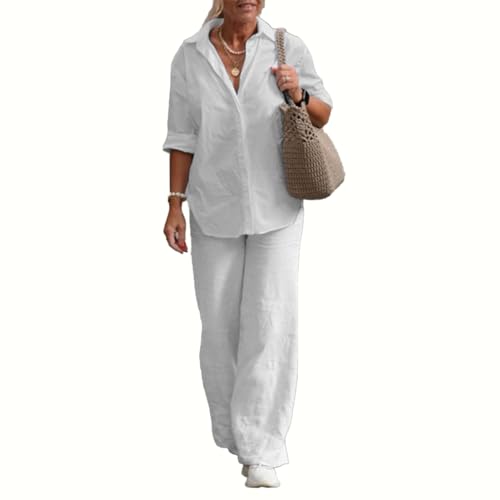 DEPENSL Womens Linen Sets 2 Piece Outfits Casual Loose Roll Up Sleeve Button Top Cotton Shirt High Waist Wide Leg Pants Suits with Pockets(White01, Small)