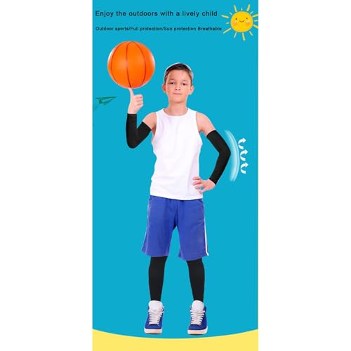 Hotfiary 2 Pairs Kids Youth Compression Arm Sleeves and Leg Sleeves Set Non Slip for Basketball Football UV Sun Protection3