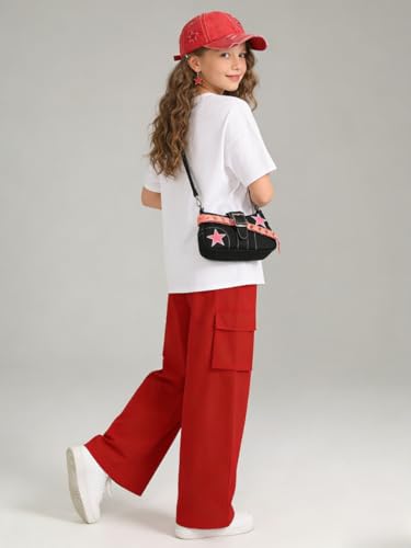 Image of Tween Girls Clothes Short Sleeve Graphic T-Shirt Top + Cargo Pants 2pcs Outfit Set, Size 7-15Years