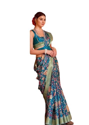 Stylum Women's Traditional Floral Printed Manipuri Silk Saree (Srpichwaiteal_Teal)