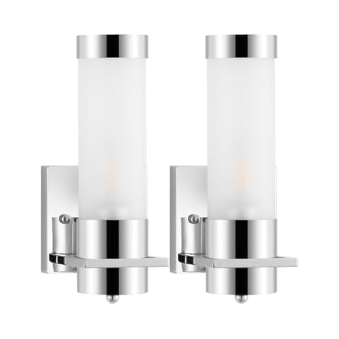 BAODEN Cylinder Wall Sconces 2 Pack Modern Bathroom Vanity Light Fixture Brushed Chrome Finished Indoor Wall Light Frosted White Glass Shade Cover