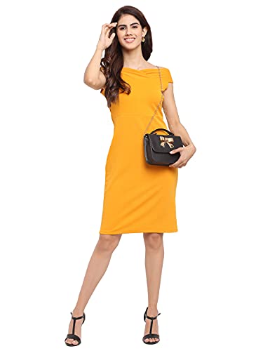 Image of Shasmi Women's Comfortable Mustard Sweetheart Neck Sleeveless Solid Midi Bodycon Casual Western Stylish Dress for Womens