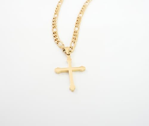 18K Gold Figaro Chain Style Small Cross Pendant Necklace 5MM Cross Necklace Clasp for Men, Women, Fashion Jewelry Religious Gifts Cuban Link Diamond Cut Beveled Edge2