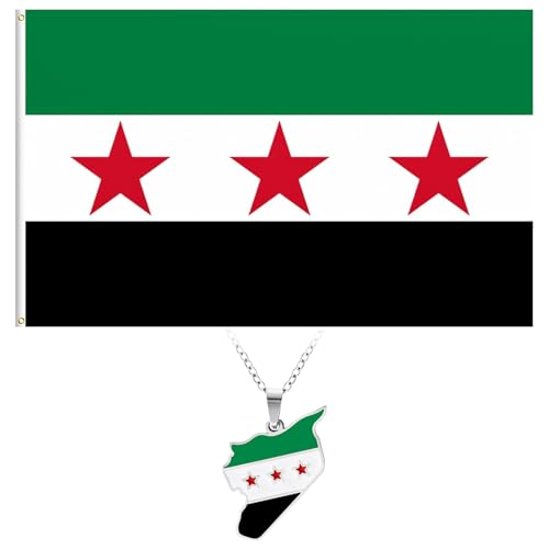 Hpbaggy Syrien-Flagge 90 x 150 cm Syrische Flagge mit Kette Wetterfeste Fahne für Innen und Außen Verschiedene Anlässe Grün-Weiß-Rot