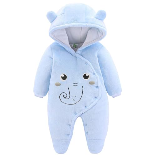 Tuta invernale in pile con cappuccio, per bambini, abbigliamento caldo da neve, da 3 a 6 mesi, motivo elefante blu