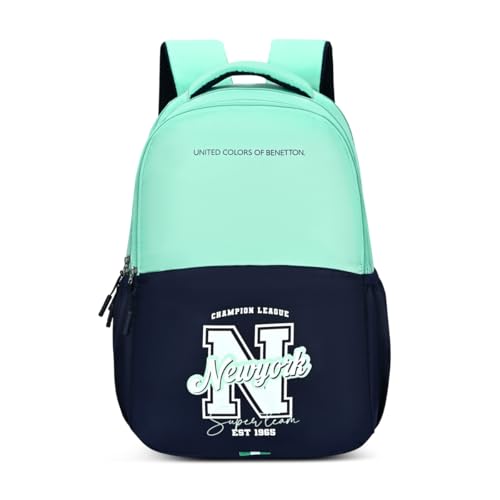 United Colors of Benetton Unisex High-School Backpack PETRO - Mint Green | Printed Daypack with 3 Compartments, Airmesh Padding | Backpack for School Girls and Boys | 28L Capacity
