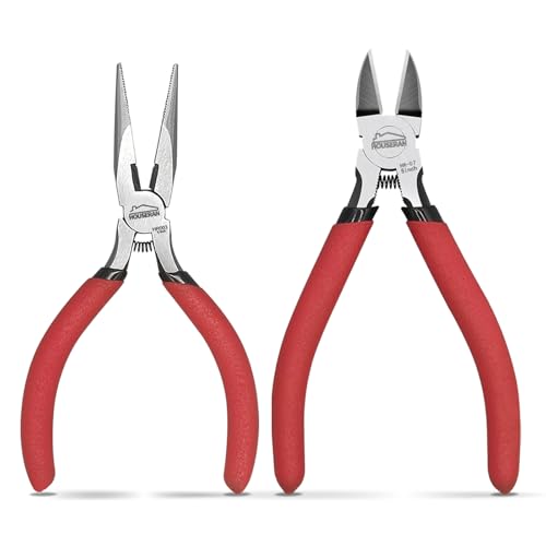 HOUSERAN Set de 2 Pinces, Pince à Bec Long 13 cm & Pinces Coupe-Fil, Mini Pinces à Ressort et Ciseaux à Coupe Ras pour Artisanat, Cintrage, Découpe de Fil,...
