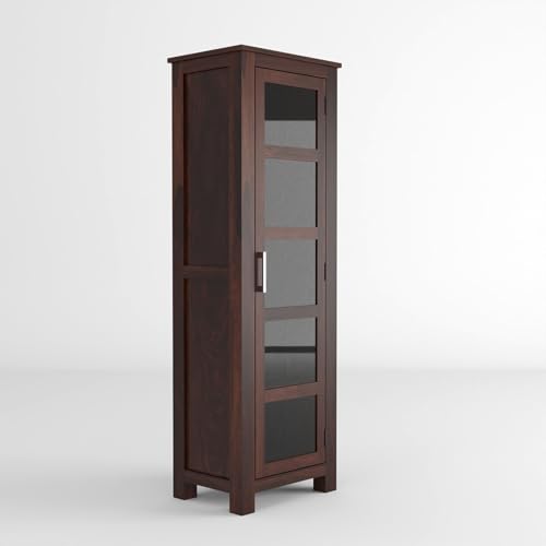 Image of Sheesham Wood Corner Book Shelf with Acrylic Glass Door | Wooden Sideboard Crockery Cabinet with 5 Shelf Storage | Kitchen Display Unit | Bookshelf for Home Library | Walnut Finish