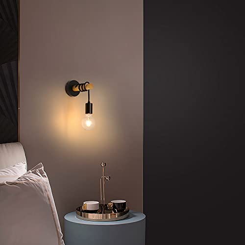 Applique Murale en Bois Vintage, Applique Rétro Industrielle, Lampe Murale Suspendue à Base Ronde en Métal, Éclairage Mural Noire Intérieur E27 pour Chambre, Salon, Couloir (Sans Ampoules) - Image 6