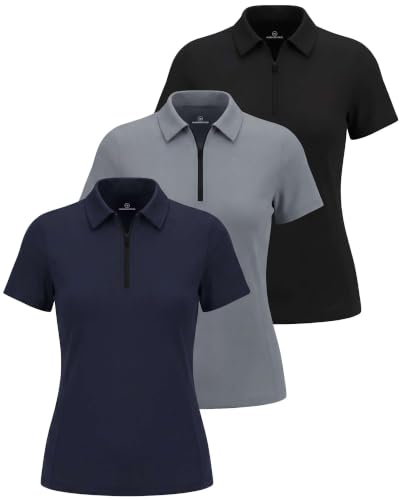 Real Essentials 3 Pack: Womens Dry Fit Polo Shirts Quarter Zip Short Sleeve Athletic Golf Tennis Workout Gym Collared Tops- Set 2 L