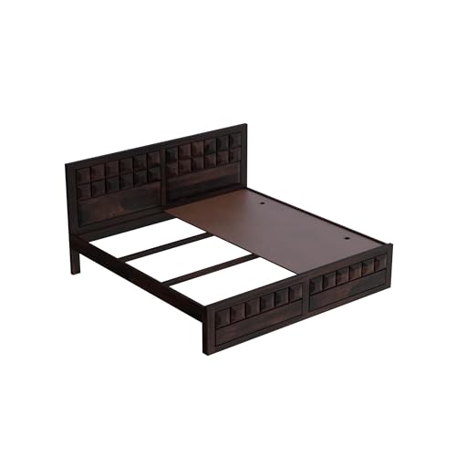 Image of Solid Sheesham Wood Queen Size Bed Without Storage | Wooden Double Bed Cot Bed for Bedroom Furniture | Palang Double Bed for Hotels | Walnut