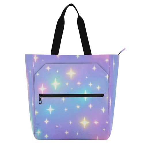 Amooorous Bolsa decorativa para niños, niñas y adultos, con diseño de estrellas de neón degradadas, bolsa de compras grande con cremallera para la escuela, compras, comestibles, arco iris