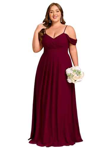 Ever-Pretty Plus Women's V Neck A Line Off Shoulder Sleeveless Chiffon Pleated Floor Length Plus Size Bridesmaid Dresses