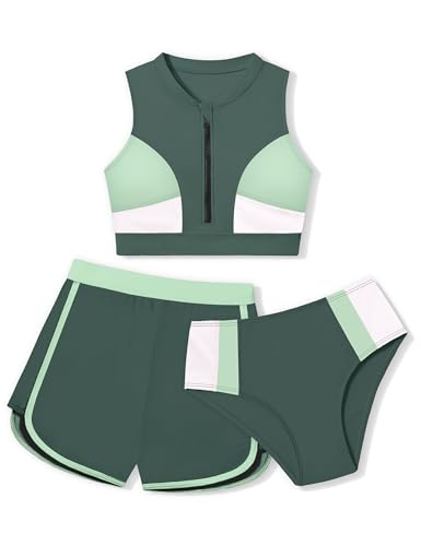 Girls Swimsuit 3 Piece Color Block Zipper Front Bathing Suit Bikini Set with Shorts Sporty Girls' Swimwear 7-16 Years