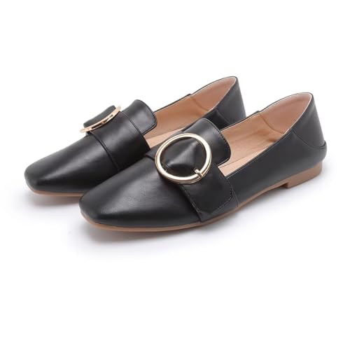 ChaiRong Zhou Women Square Toe Pu Leather Metal Ring Decoration Flats Slip on Casual Dress Office Driving Shoes