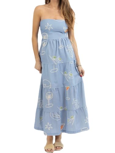 Image of Women Floral Print Maxi Tube Dress Strapless Flowy Long Bandeau Dress Y2K Open Back Sundress Summer Beachwear