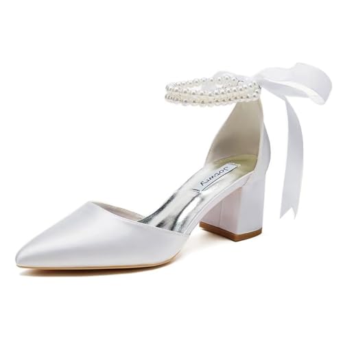 Image of Block Heel Wedding Shoes for Bride Pointed Toe Pearl Wedding Heels Bridal Shoes