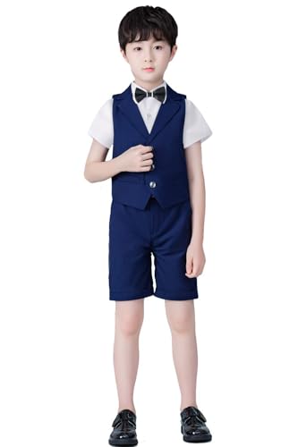 Image of LOLANTA Boys 4PCs Summer Suits, Short Suit Set for Wedding Ring Bearer Outfits Dress Clothes Vest Shirt Shorts Bow Tie