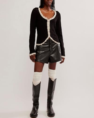 Women's Knit Crochet Sweater Cardigan Cropped Button Down Lace Hollow Out Lightweight Shrug Tops4