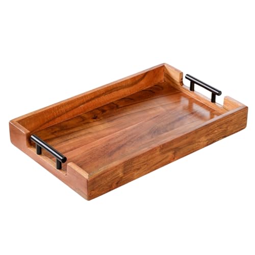 Image of Nestasia Wooden Serving Tray with Handles | Acacia Wood Rectangular Rustic Brown Tray for Dining & Coffee Table | Platter for Serving Tea, Cakes, Snacks, Breakfast & Home Decor