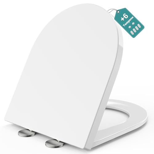 MEEJEE Abattant de WC avec système d'abaissement automatique, 430 x 360 mm, court en D, siège de toilette en forme de D, blanc, lunette de WC Soft Close