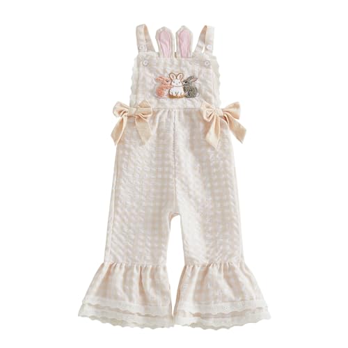 Adobabirl Toddler Baby Girl Easter Outfit Overalls Easter Eggs Bunny Embroidery Romper Flare Pants Bell Bottom Jumpsuit (Bunny Apricot Plaid 2-3 Years)