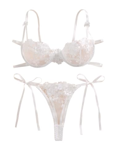 Image of Lilosy Sexy Tie Side Cute Underwire Push Up Strappy Embroidered Mesh Sheer Lingerie Set