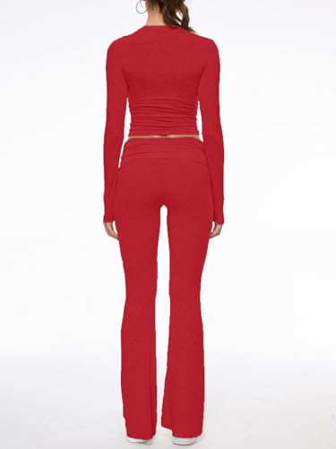 Image of AnotherChill Women's Long Sleeve Top Foldover Flare Pants Lounge Set | 2 piece cropped shirt and slim flare trousers comfy loungewear, soft modal casual matching sets, travel airport outfits