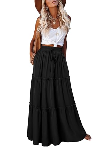 onlypuff Black Maxi Skirt for Women Boho Western Skirts High Waist Long Skirt with Pockets Fall Festival Outfits Clothing M