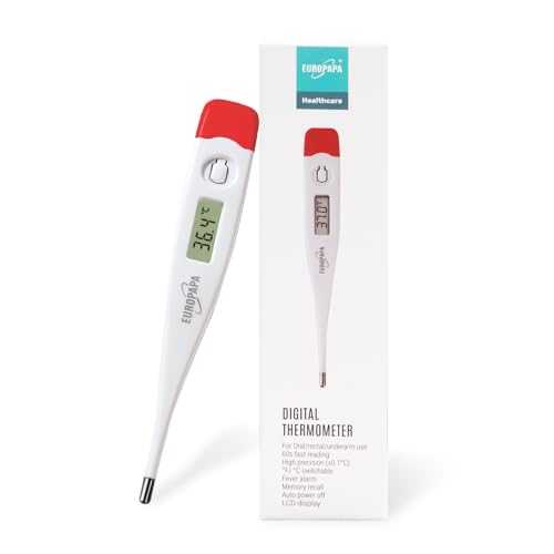 EUROPAPA Termometro Febbre Digitale Per Neonati, Bambini E Adulti, Termometro Per Bocca, Ascellare O Rettale, Impermeabile Con Allarme Febbre (Rosso)