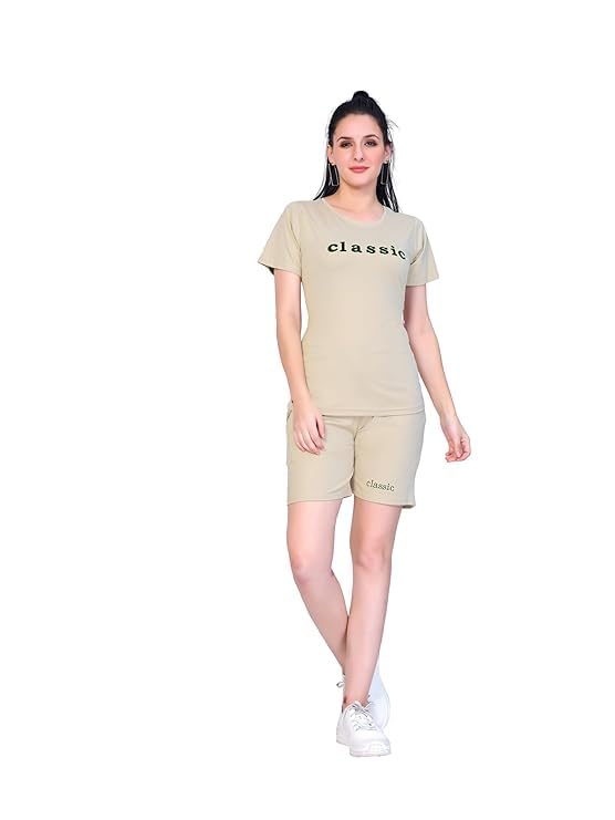 Purple & Pink Cotton Blend Tshirt and Short Cord Set for Women