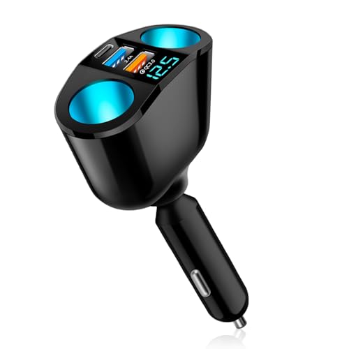 LAIVIYA Chargeur allume-cigare 5 en 1 avec double port USB, double prise allume-cigare avec interrupteur voltmètre LED, chargeur de voiture USB C pour appareils de voiture 12 V/24 V