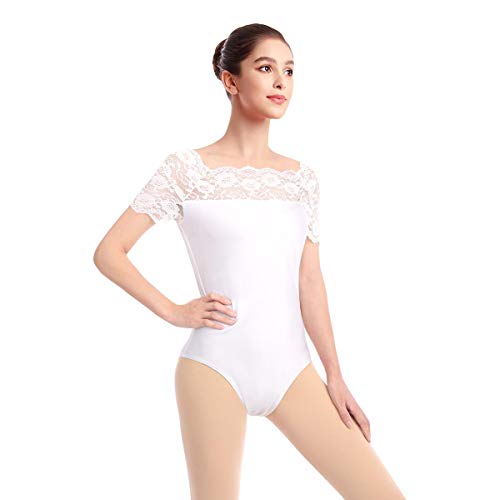 OBEEII Damen Spitze Ausschnitt Kurzarm Bodysuit Ballett Gymnastik Tanz Body...