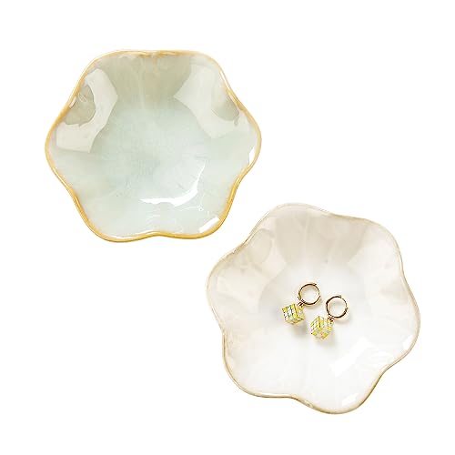 2PCS Lotus Leaf Shape Ring Holder Dish, Small Key Bowl, Ceramic Trinket Tray Jewelry Dish Organizing Necklace Earrings for Mom Friend Sister, All Jewelries Are NOT Included.White+Light Green.